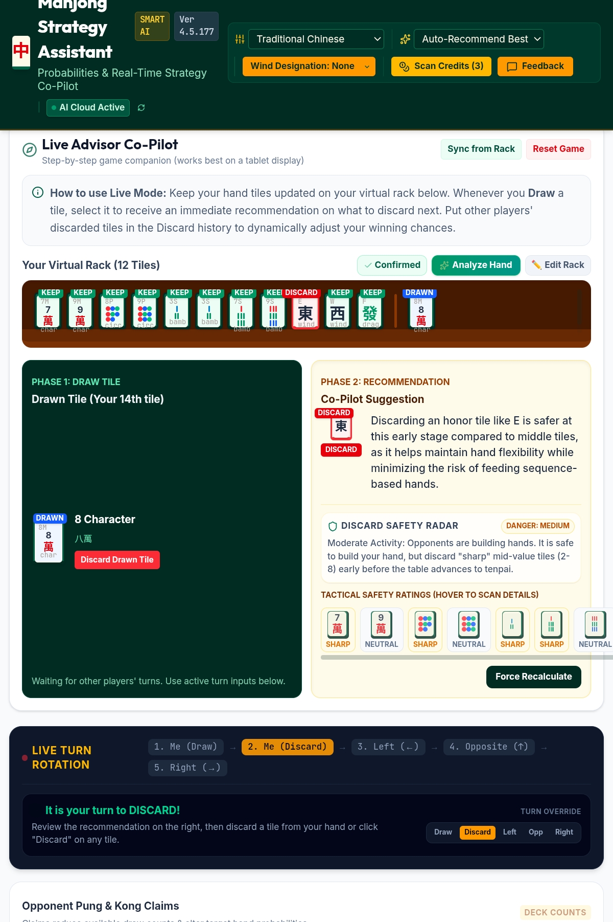 Live Co-Pilot screen showing a drawn tile, a discard recommendation, and a discard safety radar with tactical safety ratings