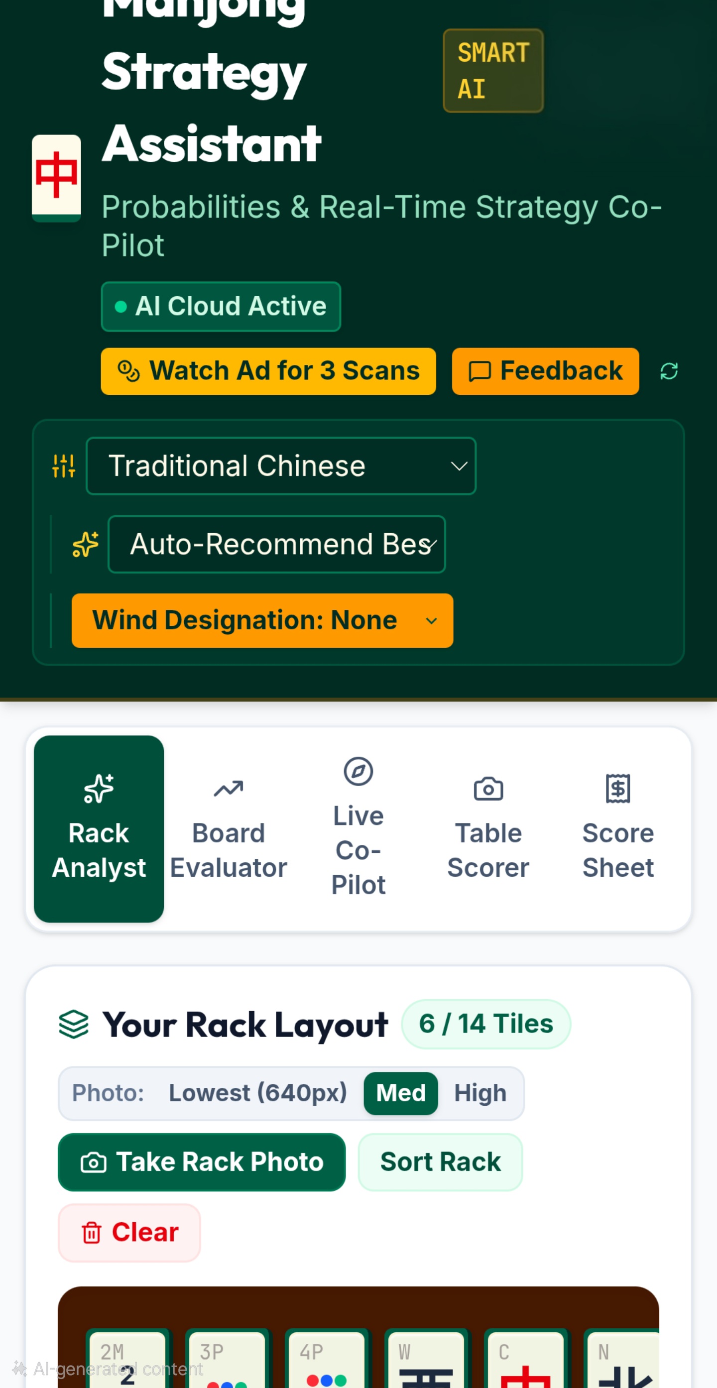 Mahjong Strategy Assistant main screen showing the AI Cloud Active status, ruleset selector, and rack input controls