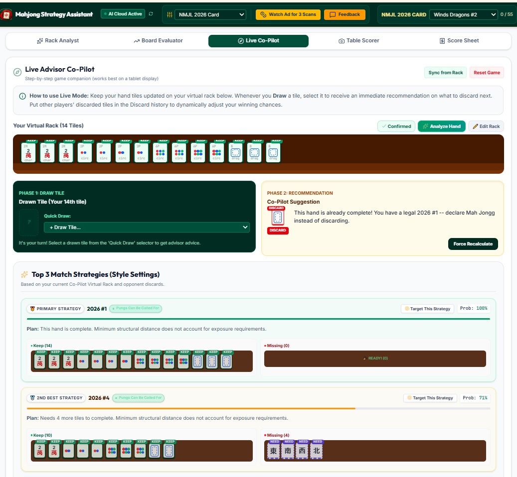 Live Co-Pilot screen in NMJL 2026 mode, showing the virtual rack, a completed-hand recommendation, and the Top 3 Match Strategies panel.