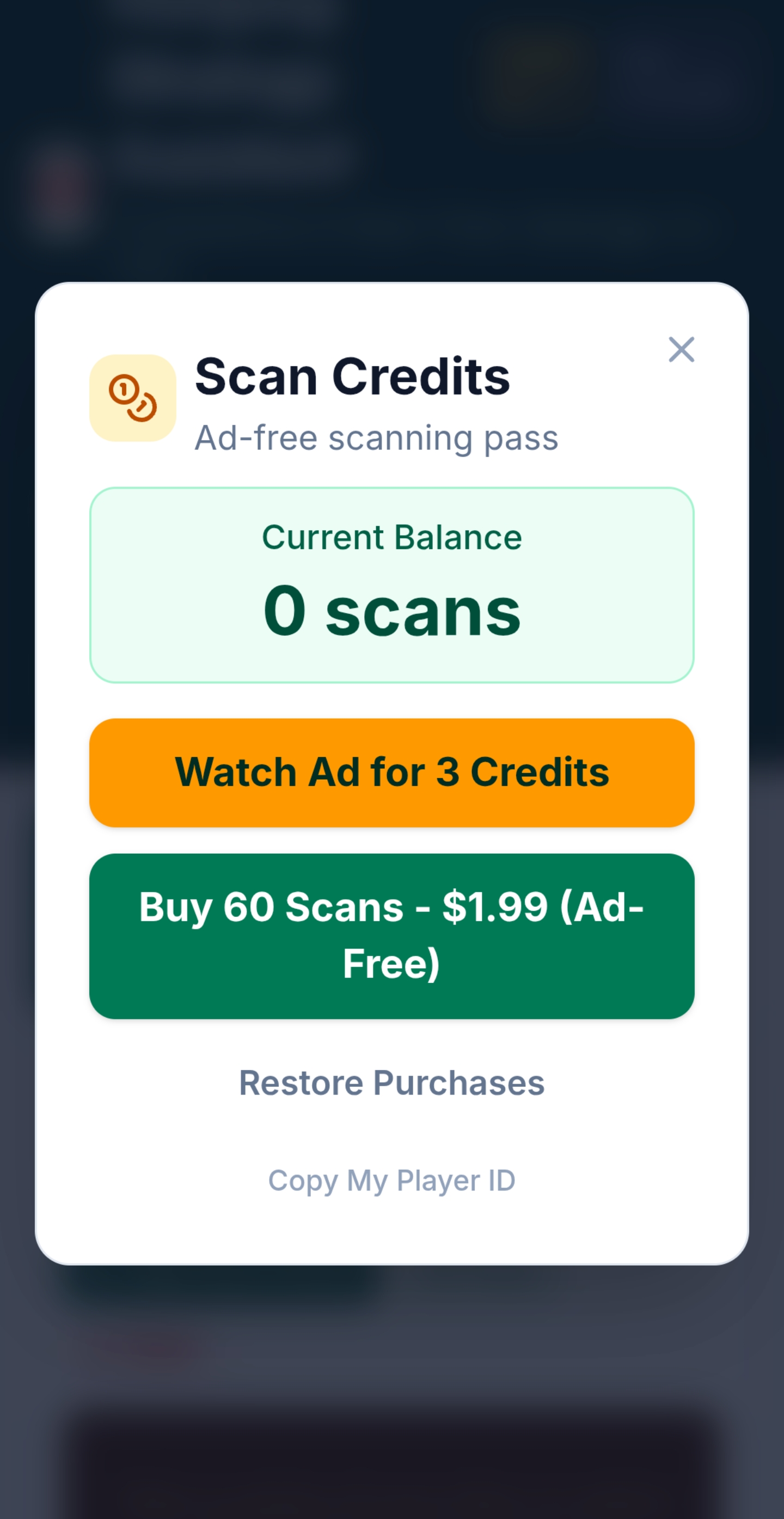 Scan Credits screen showing current balance, watch-ad option, and buy scan pack option.