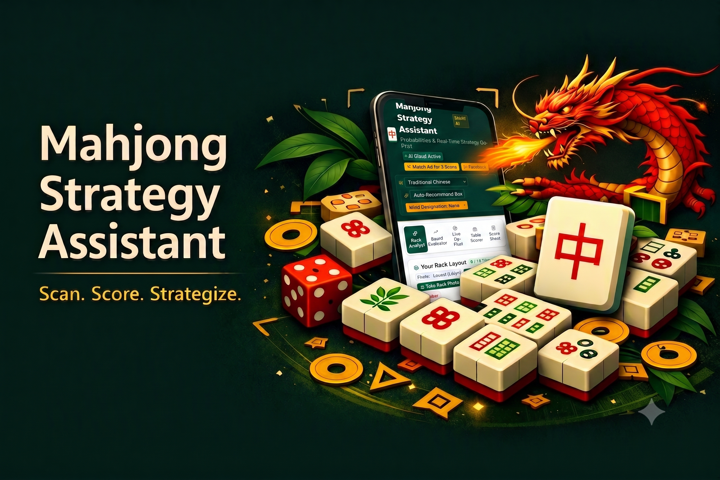 Mahjong Strategy Assistant — Scan. Score. Strategize. Illustration of a fiery red dragon behind the app on a phone, surrounded by mahjong tiles and dice.